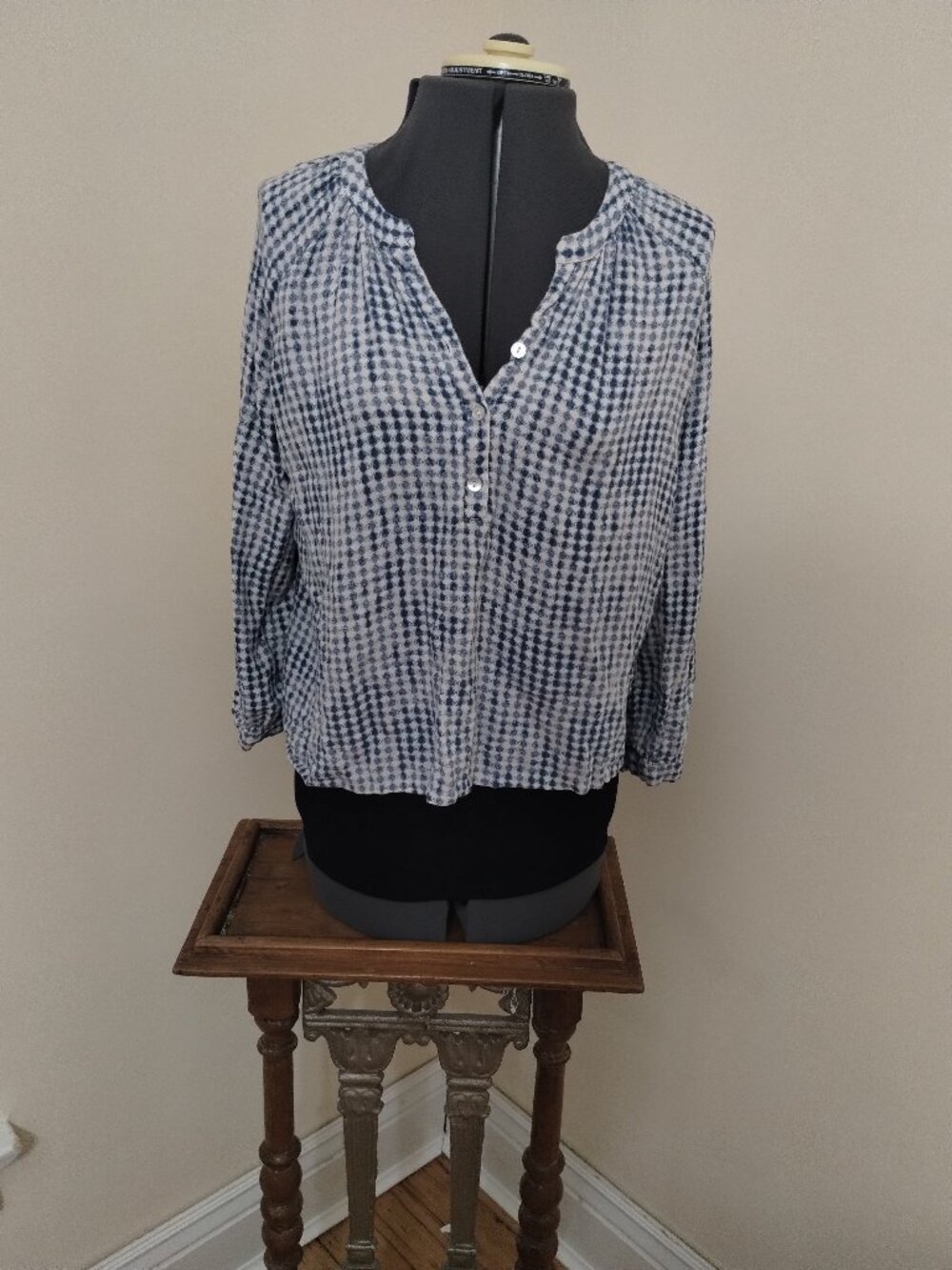 Blue and white diamond checked boho shirt